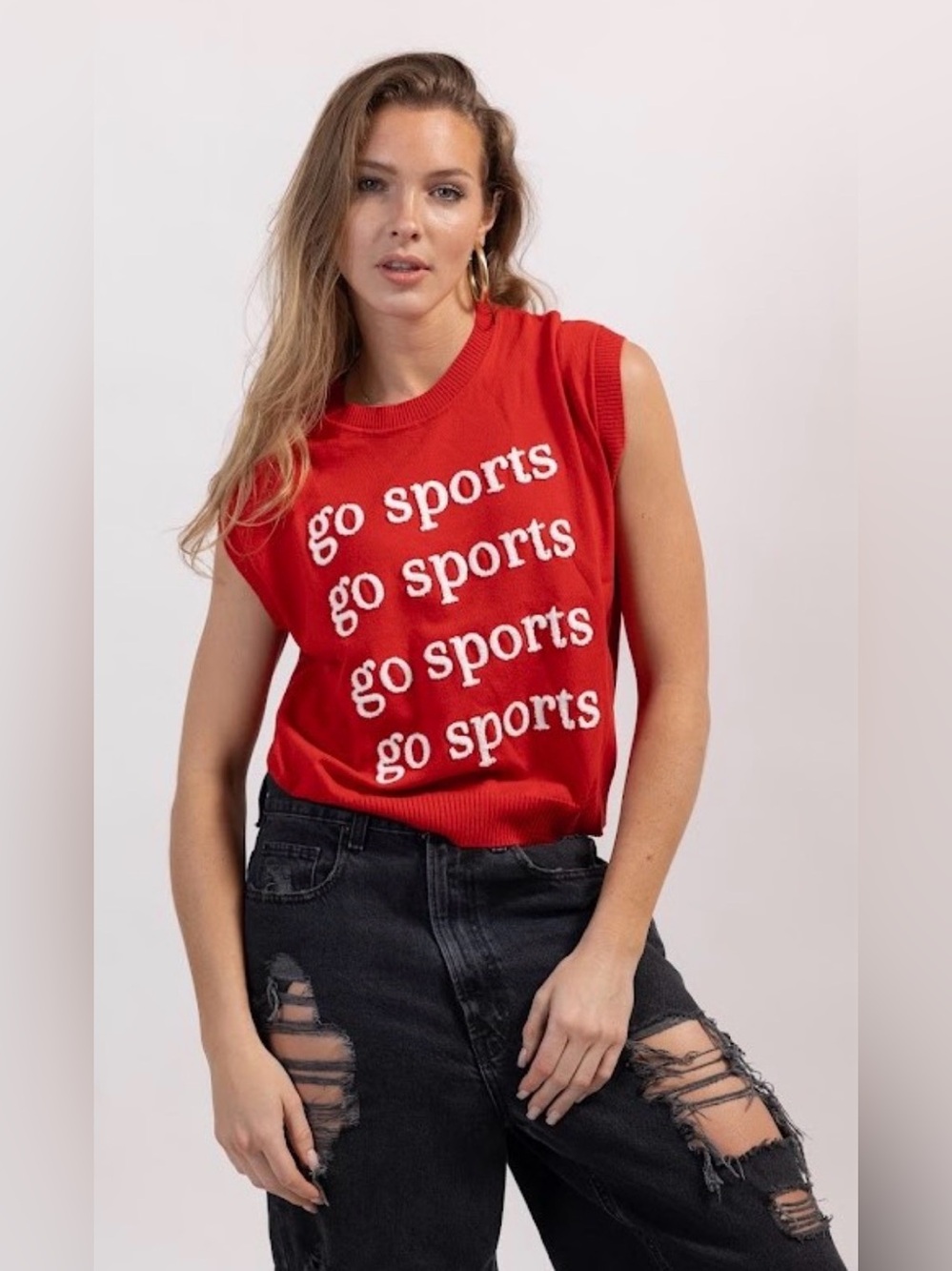 Red Sleeveless Knit Tank Top with Repeated 'go sports' Print